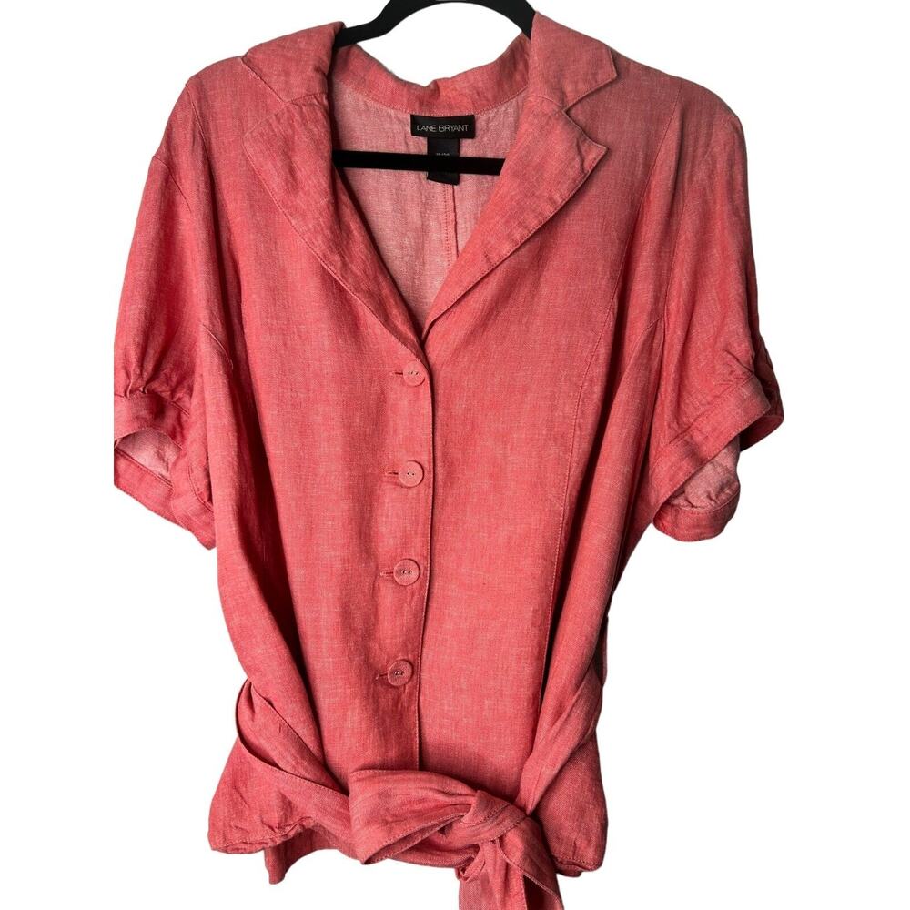 Lane Bryant Top Size 18/20 Peach Linen‎ Blend Short Sleeve Button Up Tie Belt